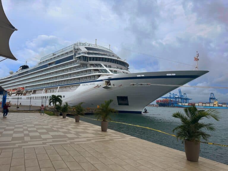 a cruise ship sits in port